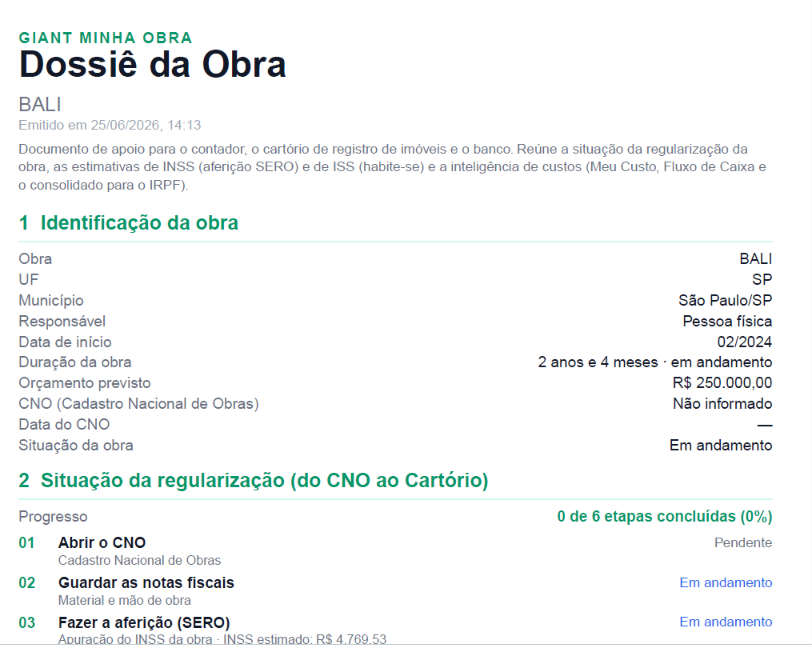 Tela do GIANT Minha Obra — Dossiê em PDF