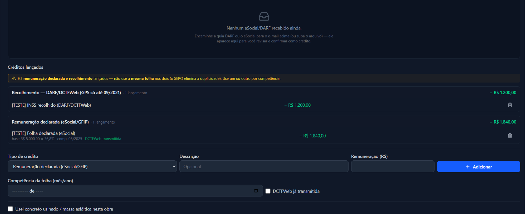 Tela do GIANT Minha Obra — eSocial abate o INSS